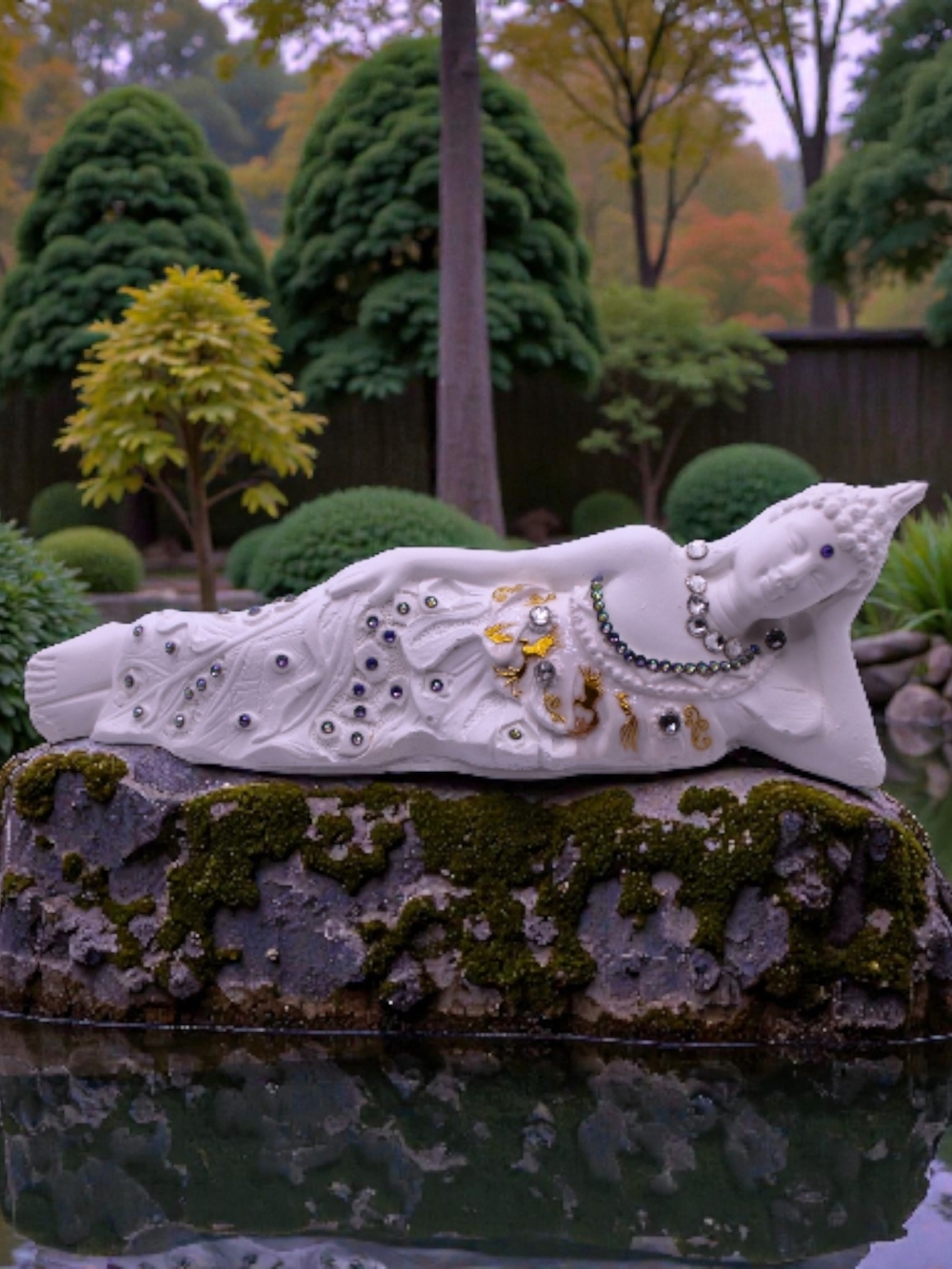White Decorative Reclining Buddha Figurine with Gold &  Swarovski crystals.